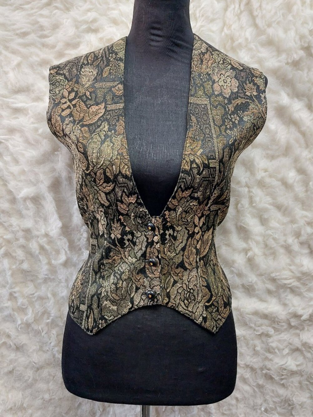 Vintage Le Château Women's Vest Gold Floral Brocade Pattern on a Black Satin Sz1